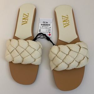 Zara Pearl Beaded Pearl Woven Slide Sandal